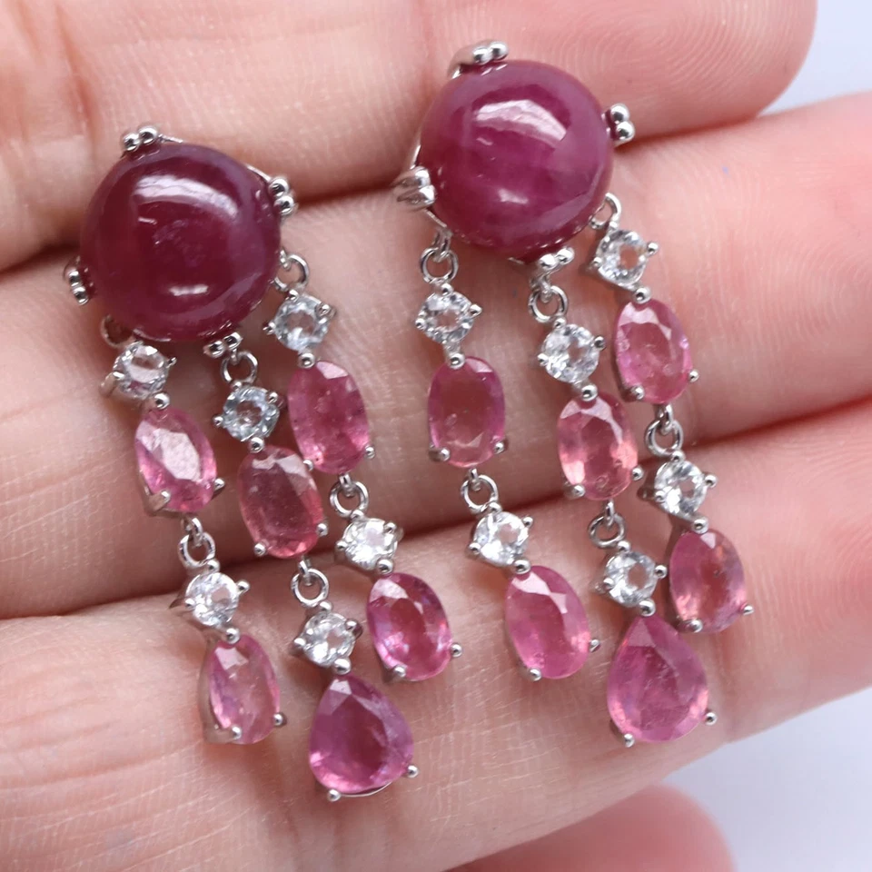 925 Sterling Silver Red Ruby & White Zircon Made in Thailand Earrings - Image 2 of 4