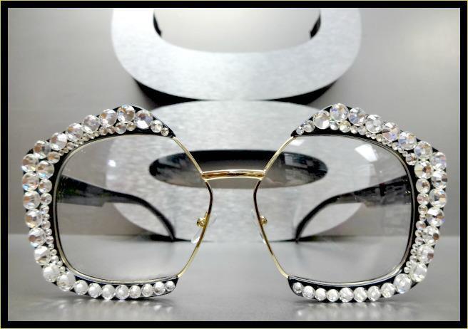 Oversized Retro Style Clear Lens EYE GLASSES Black Gold Frame Crystals Handmade image 3