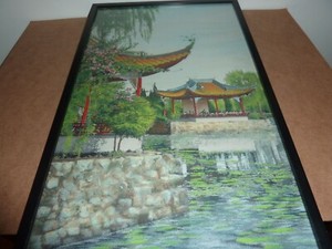 FRAMED 43.7CM BY 25.4 CM CHINESE JACQUARD LOOM SILK PICTURE WITH TEMPLE BY WATER