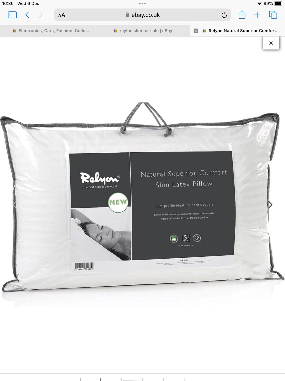 Relyon Natural Superior Comfort SLIM Latex Pillow (Formally Dunlopillo