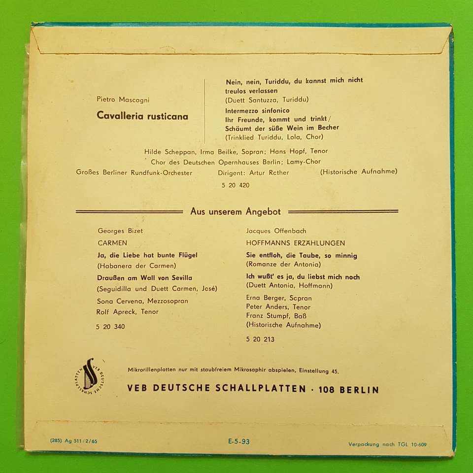 7" DIE WELT DER OPER PIETRO MASCAGNI CAVALLERIA RUSTICANA CHOR ETERNA 520420 - Bild 2 von 2