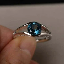 1.35CT London Blue Topaz Round Cut 935 Argentium Silver Women's Fine Ring