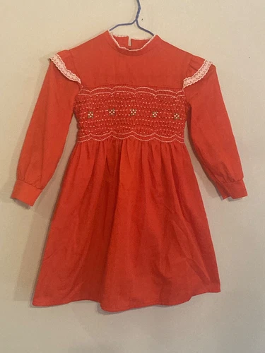 Vintage Polly Flinders Dress size 6 Hand Smocked Dress Red with Lace detail