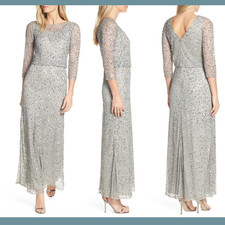 NWT Pisarro Nights Bead Embellished Blouson Evening Gown in Silver SZ 16 E706