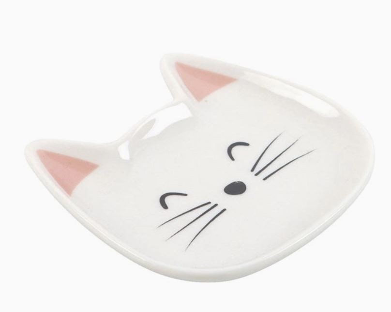 White Cat Face Ceramic Trinket Dish, Jewelry Storage Bowl, Ring Holder,