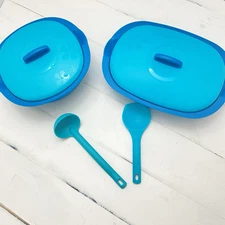 Tupperware Serving Bowl Set Soup Rice Server Ladle Peacock Blue Peacock Legacy