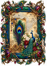 Ornate Framed Peacock, Feather - 1xA4 Sheet Rice Paper Decoupage - Jewel Tones