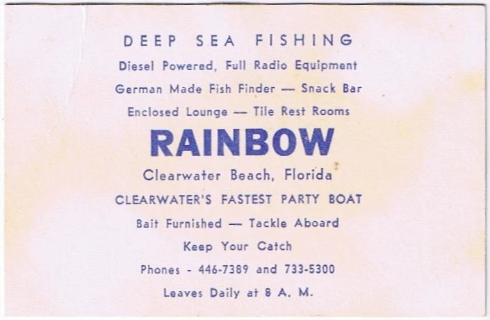 Vintage Business Card Rainbow Deep Sea Fishing Clearwater Beach Florida 2" x3.5" - Image 2 of 2