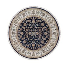 5' x 5' Navy Nain with Flower Design Wool and Silk Hand Knotted Round Rug R91557