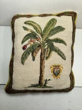 Vintage Two’s Company Palm Tree Pillow Yellow 100% Wool Needlepoint Small 9"x11"