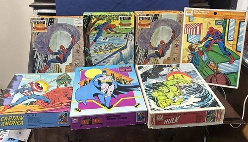 Lot Of 7 Vintage Marvel + DC Comic Book Puzzles Spider-Man Batman Hulk 2 Are New