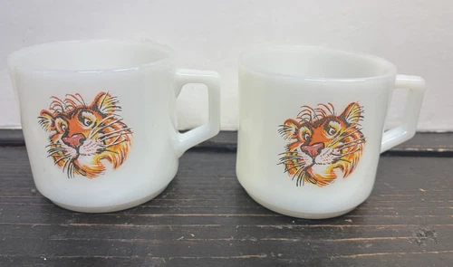 Vintage Fire King Esso Exxon Tiger Milk Glass Coffee Mugs Lot of 2