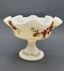 Fenton Satin Glass Ruffled Edge Hand Painted Compote Large Pedestal Bowl Signed