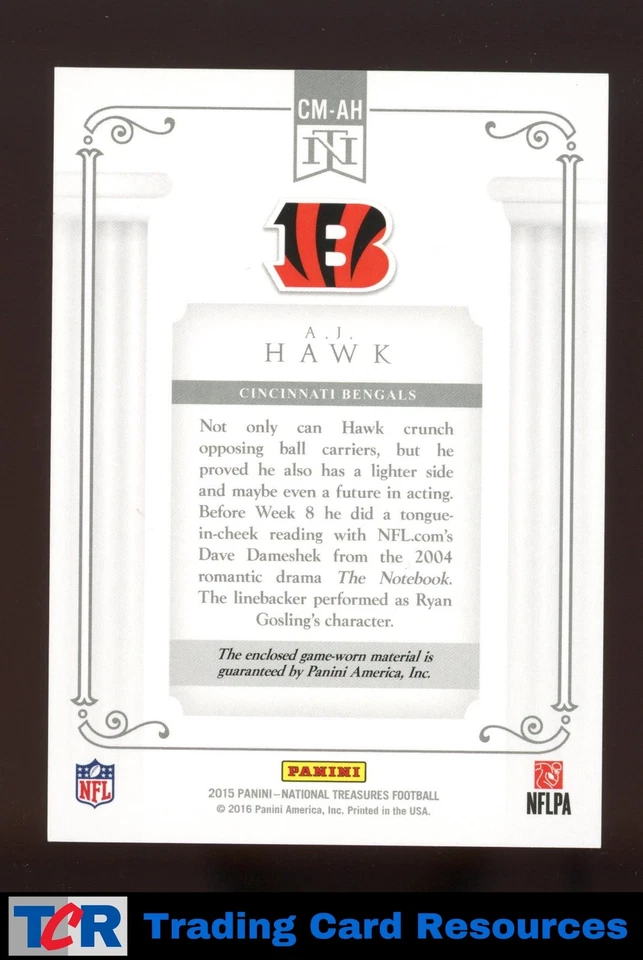 2015 Panini National Treasures #CM-AH A.J. Hawk Century Materials Prime #/49 - Image 2 of 2
