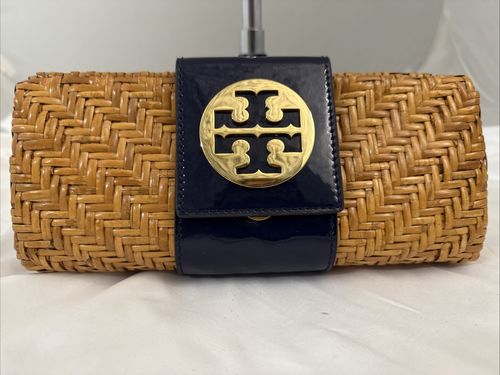 Tory Burch Rattan Clutch with Navy Patent Trim - Picture 3 of 6