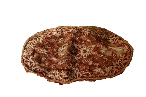 Antiguo panel textil bordado a mano ovalado floral dorado tela de hilo metálico - Imagen 1 de 12