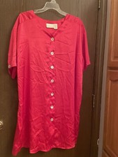 Vtg Solange Red Satin Second Skin Night Gown 14/16 Collared Full Button