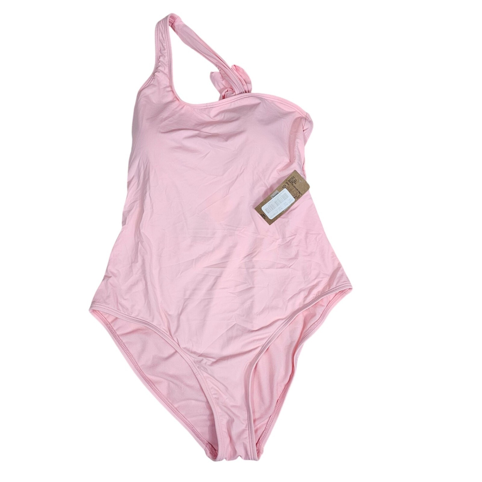 Traje de baño Cremieux de una pieza L rosa pastel un hombro lazo junto a la piscina Resort