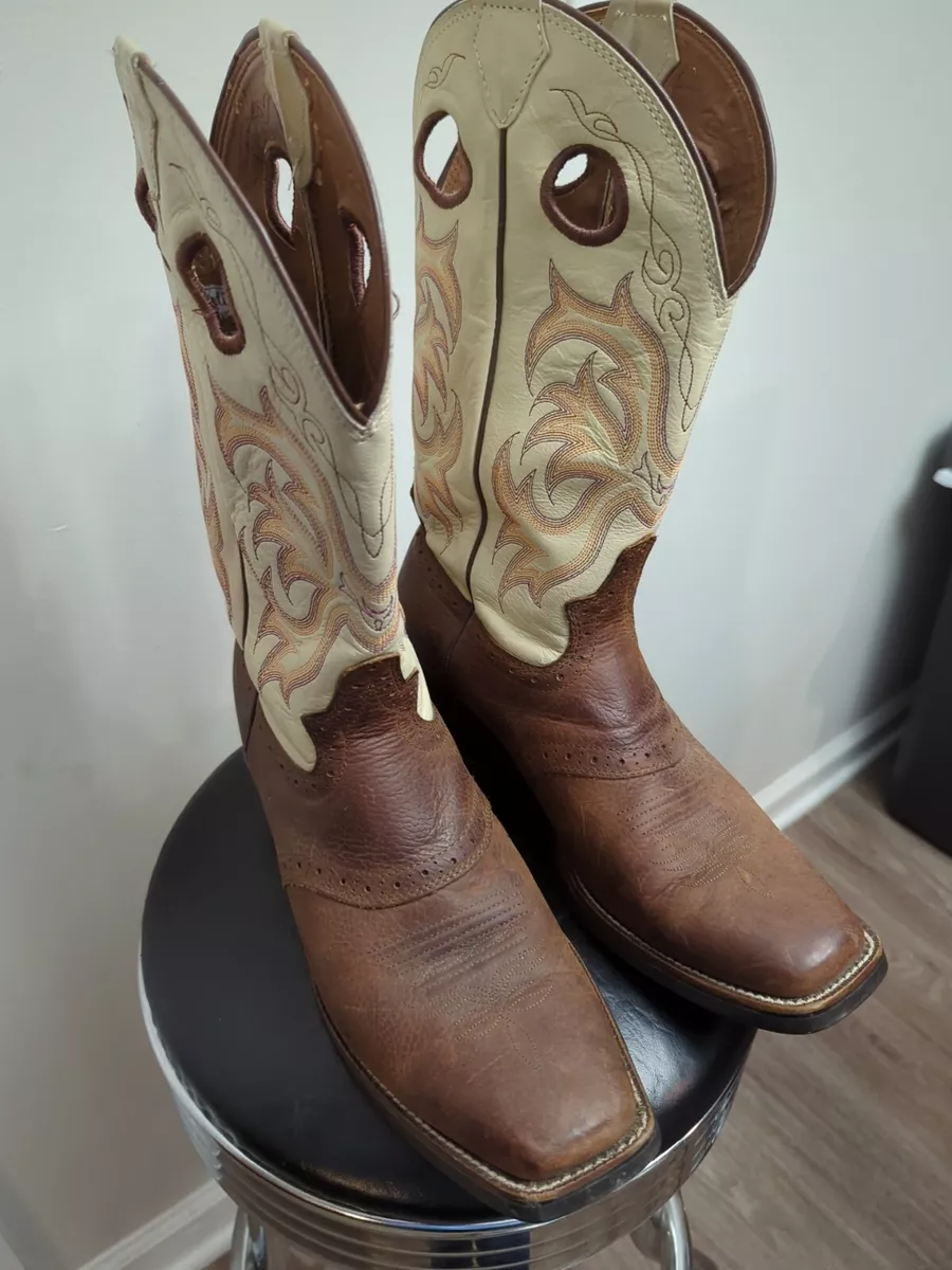 Men s Justin 9D Stampede Brown Cream Square Toe Western Cowboy Boots 2521