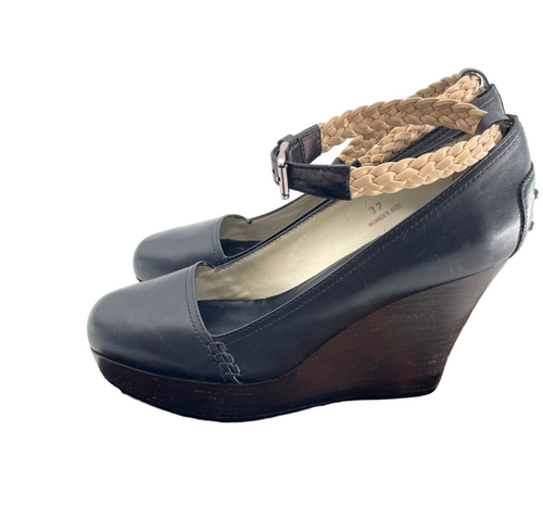 TOD'S Womens size US 7 Black Leather Platform Wedge Shoes Strap EU 37 Dust Bag - Picture 3 of 16
