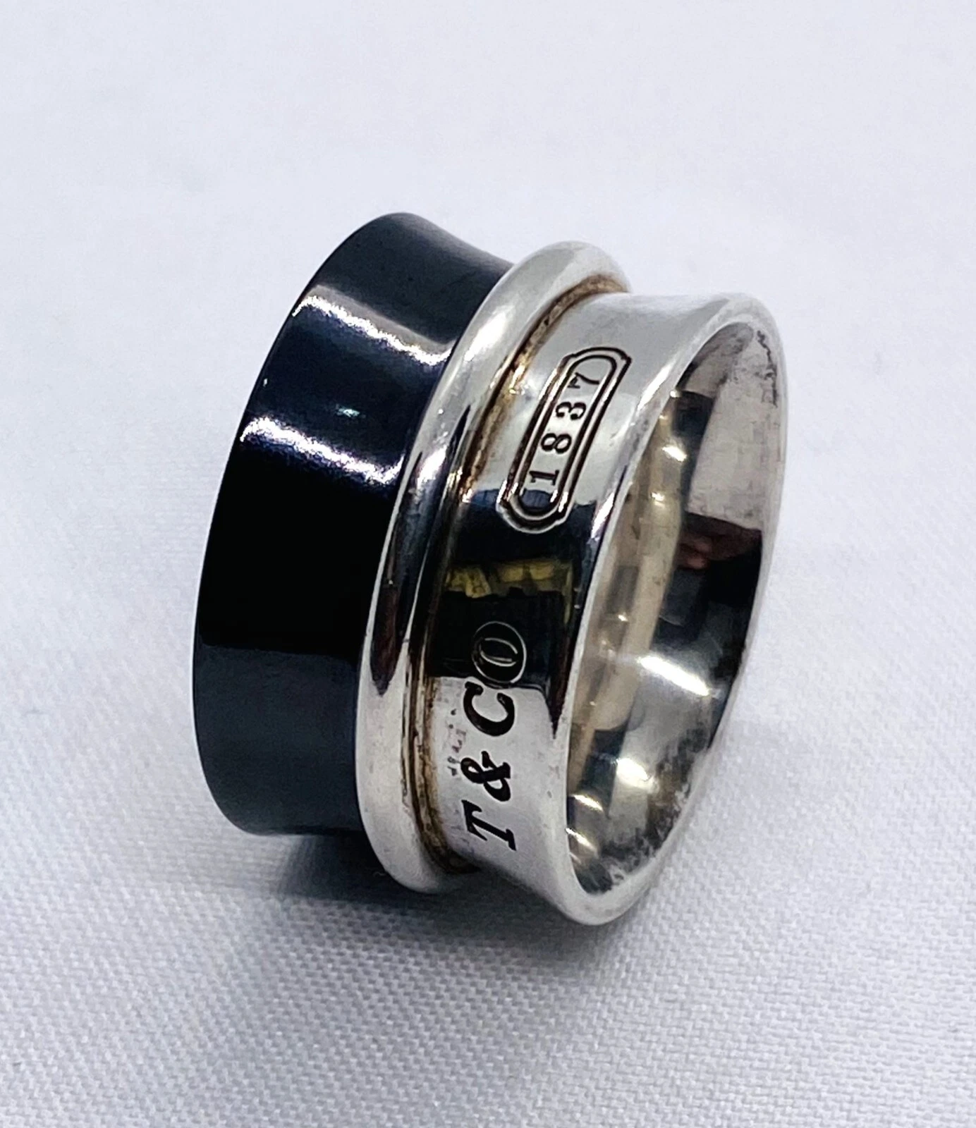 Tiffany & Co Sterling Silver Titanium Concave Belt Wide Band Ring 1837 Size 5.5