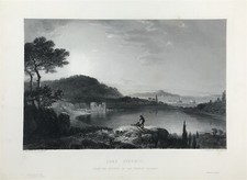gravierter Druck Avernussee zwischen Neapel und Cumae Italien 19. Jahrhundert 