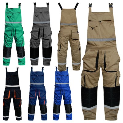 Mens Bib & Brace Work Trousers Overall Coverall Multi Pockets Knee Padded 32-48''