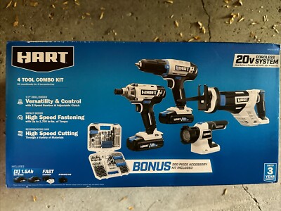 HART HPCK402BPTA 20-Volt Cordless 4-Tool Combo Kit with 200-Piece Accessory  Kit 810022393475|