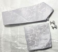 Paisley Print Jacquard Silk Tie Set: Tie, Cuff links, Square Tissue - Silver