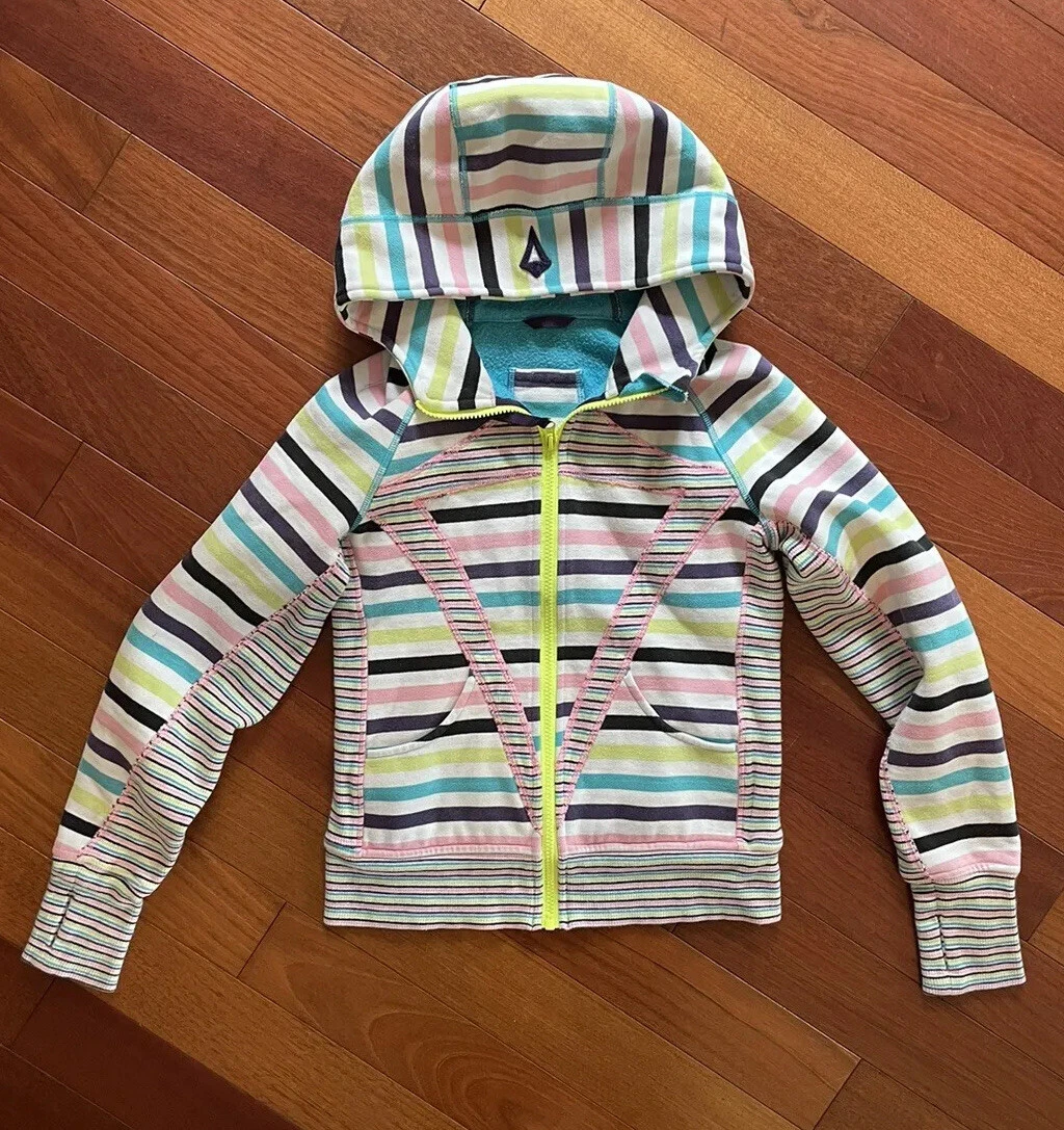 Lululemon Ivivva Girls Hoodie 12 Sweatshirt Scuba Pink Teal Stripe Zip Up