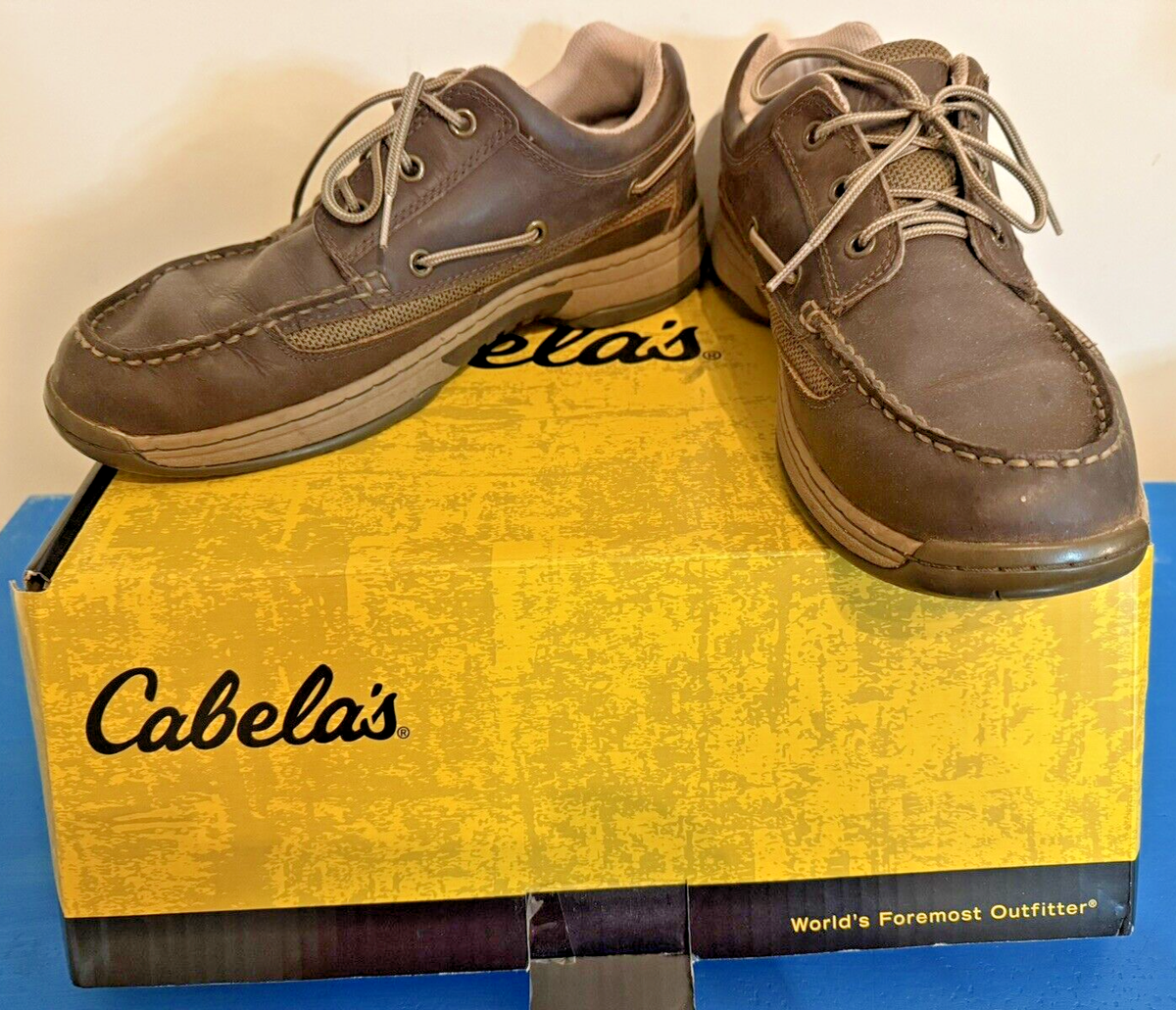 EUC BOX Cabelas Mens Sport 3-Eye Boat Shoes Espresso 12 M Leather Rubber