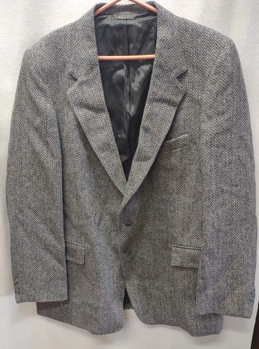 LEVIS Big E Menswear Blazer Mens 48L Wool Tweed Suit Coat Gray 2 Button Vtg USA