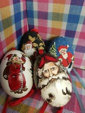 4 Santa Claus Handpainted Folk Art Christmas Large Real Egg Decor 3.5" Mix Media