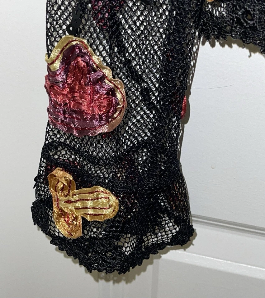 Chaqueta Blusa Chaqueta JS Boutique Para Mujer Malla Negra Flores 3D Con Botones Talla 6 Foto 4 de 4