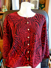 Cable & Gauge 3/4 Sleeve Cardigan Sweater Women's S Red Black Leopard Pattern