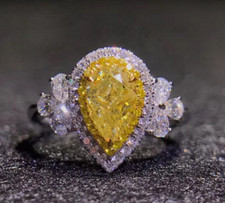 3.50CT Pear Cut Yellow Citrine  Round Cubic Zirconia Women Engagement Halo Ring