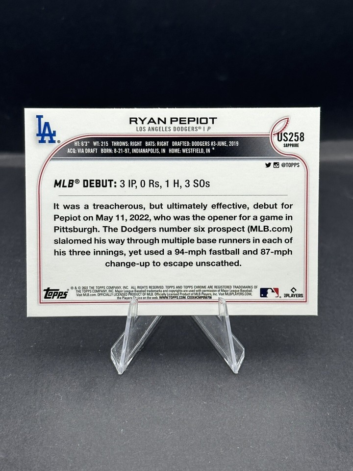 2022 Topps Chrome Update Sapphire Ryan Pepiot RC #US258 Dodgers Rookie Debut | eBay