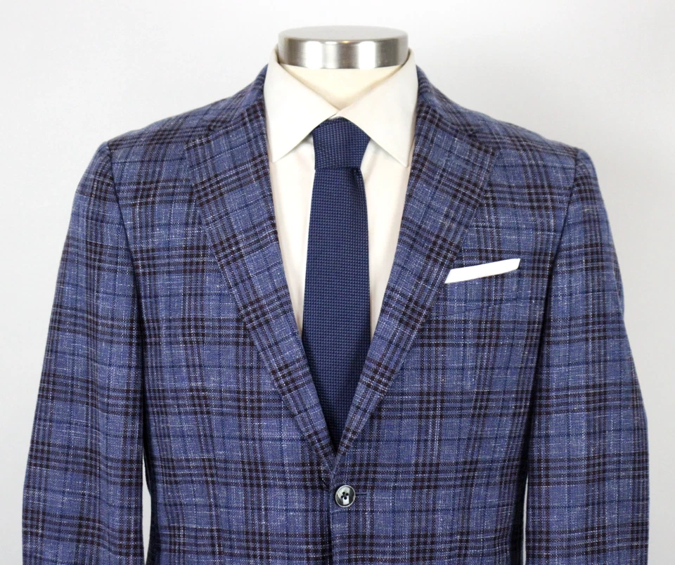 Hugo Boss Sport Coat 40 S Mens Hutson Dark Blue Plaid Wool Linen Cotton Slim Fit - Image 3 of 4