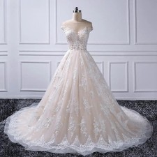 Sheer Neck Cap Sleeve Wedding Dresses Ball Gown For Women Ivory Lace Romantic