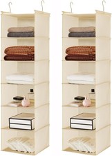 2 Pack 6 Tier Foldable Hanging Closet Organizer, Beige foldable lightweight