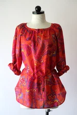 Lauren Ralph Lauren Orange Pink Silk Paisley Floral Bohemian Blouse Top Women P