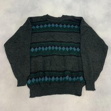 Vintage Abstract Knitted Jumper Patterned Grandad Knit Sweater Men's L