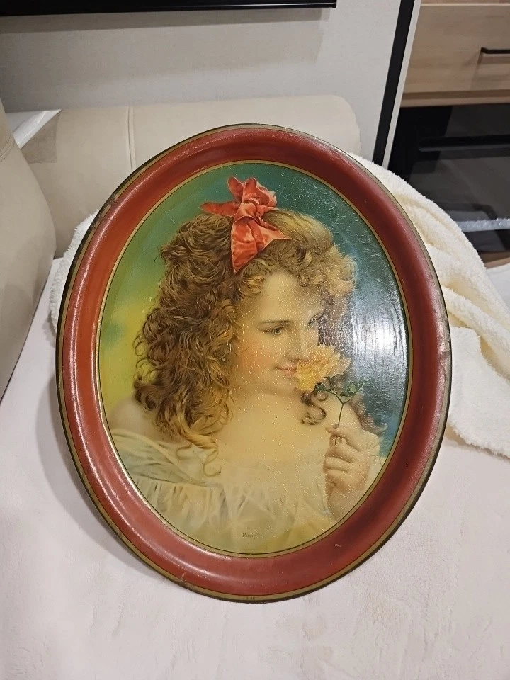 Редкий оригинальный рекламный поднос викторианской девочки продолговатая литография 3 копать телефон #  - Изображение 2 из 4