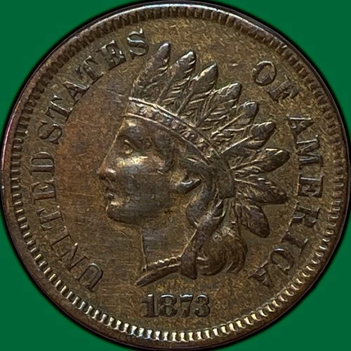 1873 Open 3 Indian Head Cent Almost Uncirculated AU Coin, Cleaning #36555