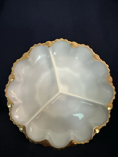 Vintage Anchor Hocking Fire King White Milk Glass 3 Section Plate w/ Gold Trim -