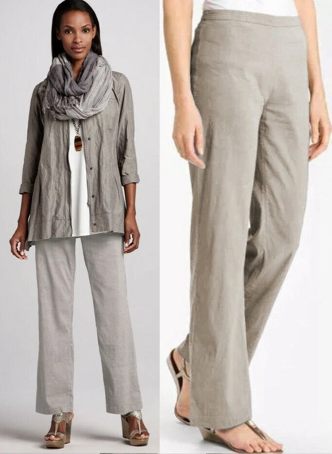 Eileen Fisher Linen Viscose Stretch Straight Leg Side Zip Trousers Pants 8