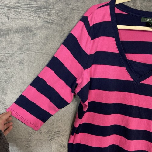 Lauren Ralph Lauren Sweater Women Size 3X Pink Black Stripe V Neck 3/4 Sleeve - Picture 3 of 12