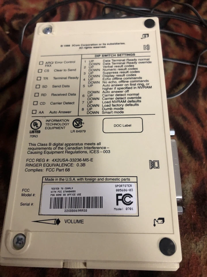 US Robotics Fax modem V.90 56k Standard & X2 Technology Compatible Vtg 1998 3com - Image 3 of 4