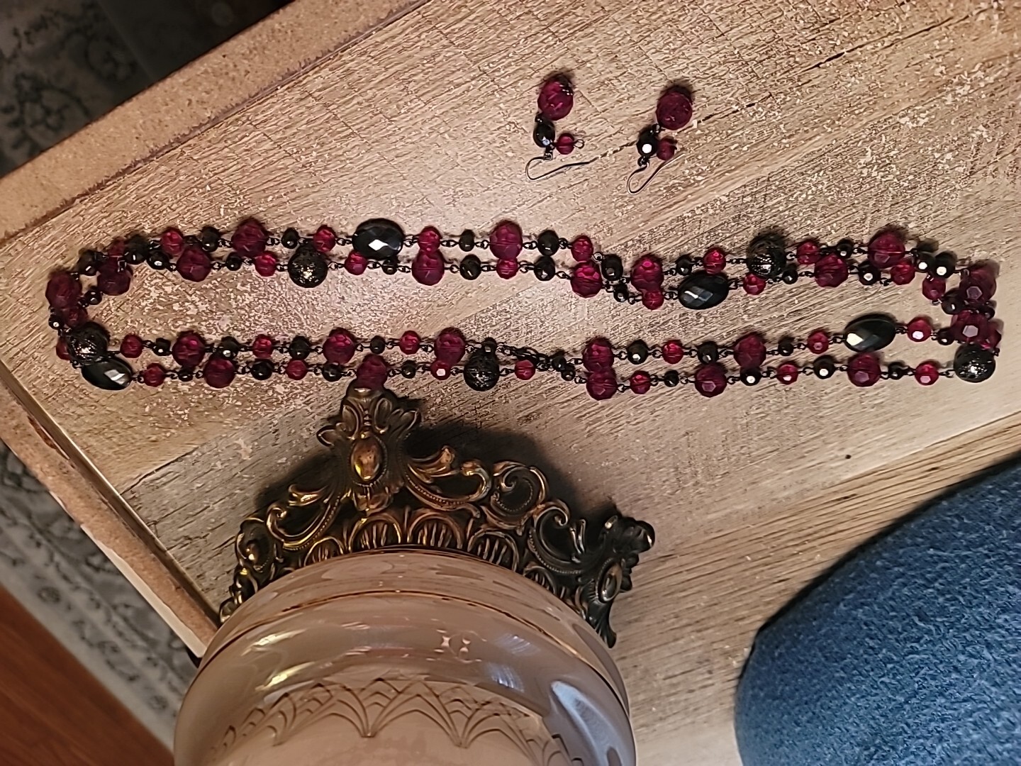 Ruby Red Beaded Necklace 29" W/ Ruby red Beaded E… - image 3
