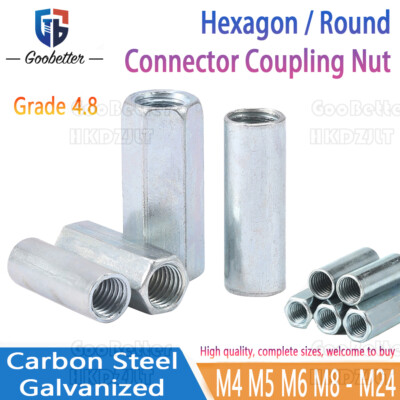 M4 - M24 Hexagon / Round Long Nuts Rod Bar Connector Joint Stud BZP Grade 4.8